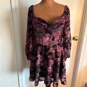 Showpo NWT Plum&Black FairyGoth Floral Square Neck Corset Long Sleeve MiniDress